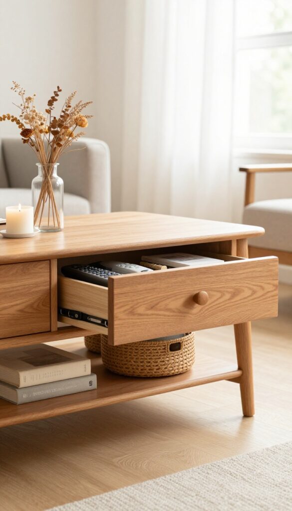 A coffee table with drawers and a lower shelf in a bright living room, styled with a vase, candle, books, and a basket.