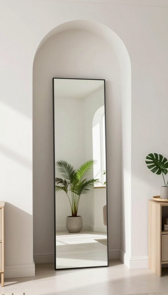 Tall frameless floor mirror leaning against wall beyond archway, reflecting light and greenery into hallway