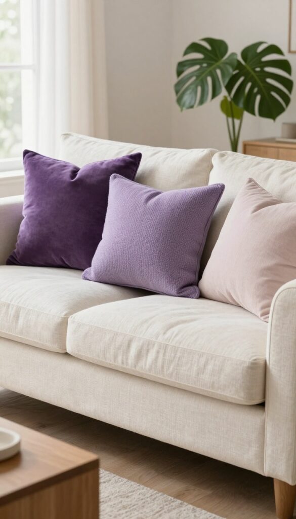 A cream sofa styled with layered purple throw pillows in velvet, knit, and linen textures, with natural light and a plant in the background.