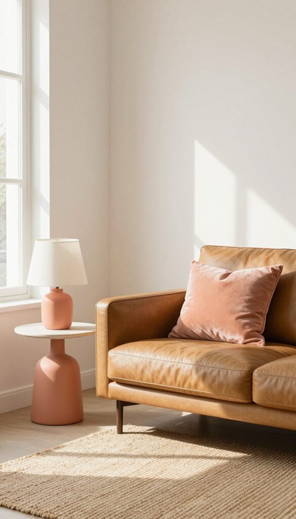 Small living room with peach and coral accents, ivory walls, tan leather chair, and woven rug, bathed in natural light