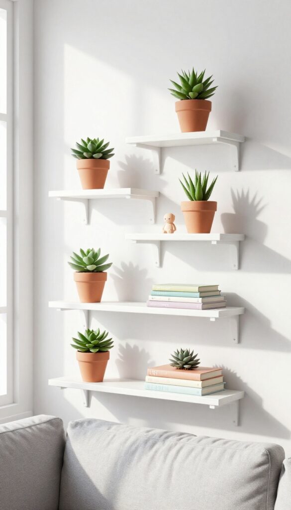 Floating shelves above a sofa with mini plants, books, and figurines in a bright small living room
