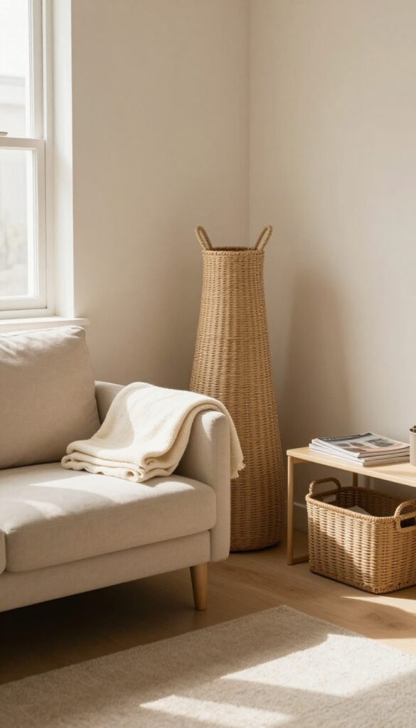 Cozy beige living room with woven baskets for storage beside sofa and under console table, natural light, warm and uncluttered.