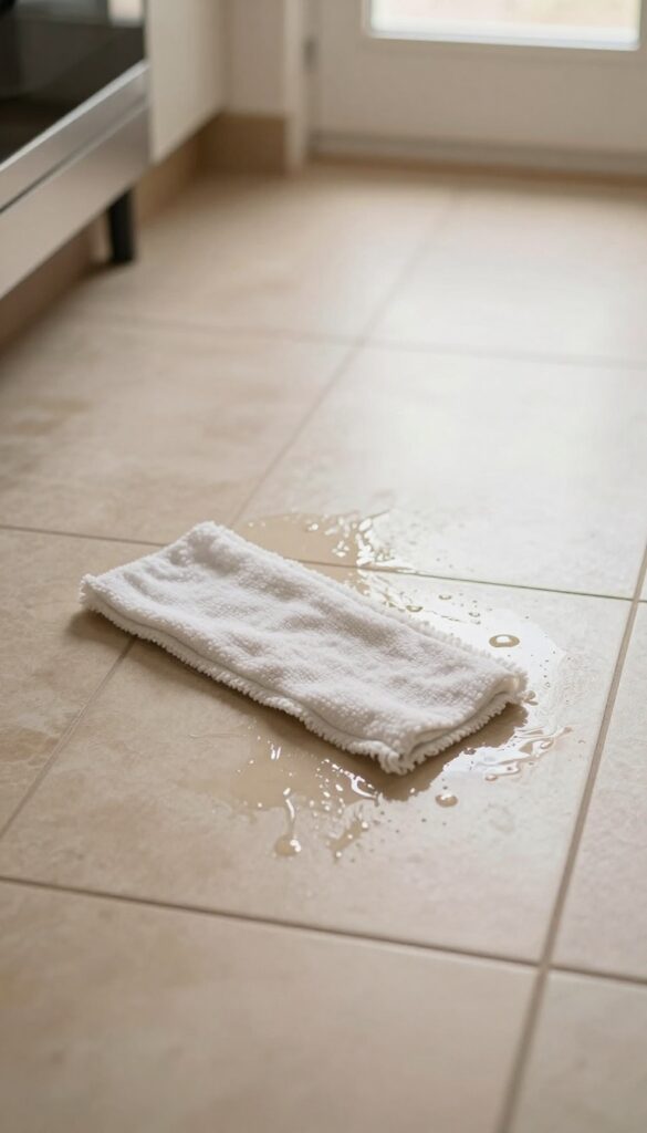 Spot-mopping a sticky spot on a kitchen floor near the stove
