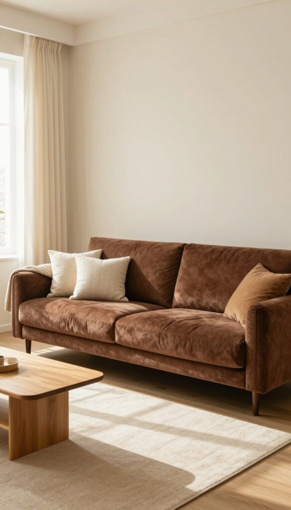 Cozy living room with a rich brown velvet sofa, beige walls, cream curtains, and natural light