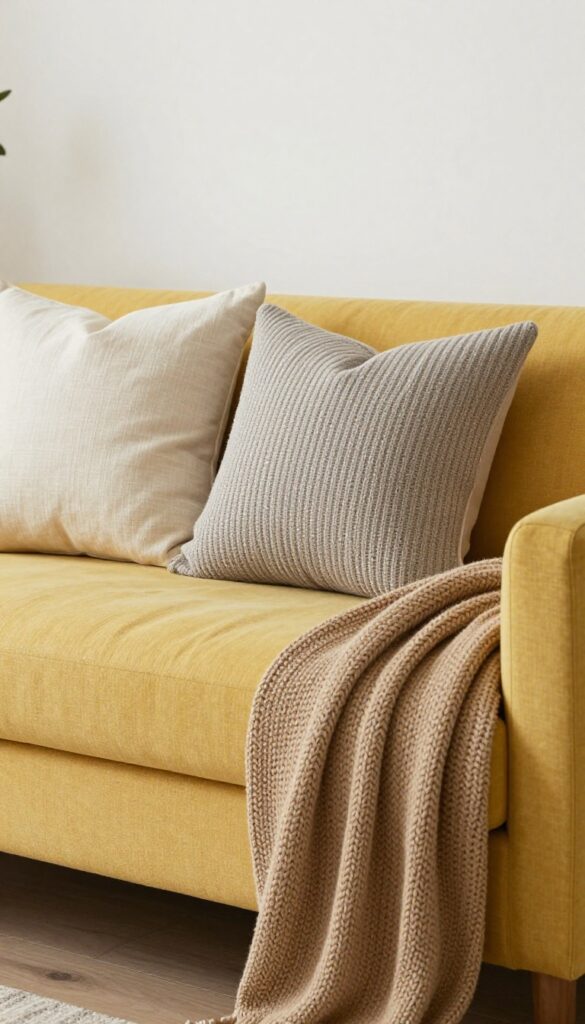 Close-up of a mustard sofa with cream linen pillows, a gray knit pillow, and a tan chunky blanket draped over the arm in a bright living room.