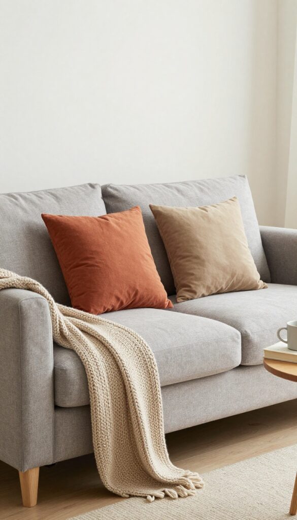 Armless sofa styled as a lounger in a small living room with throw pillows and a knit blanket