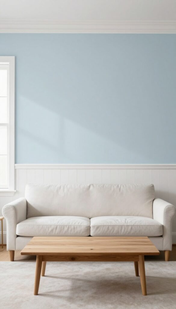 Small traditional living room with white beadboard wainscoting and pale blue upper walls, bright natural light, airy feel