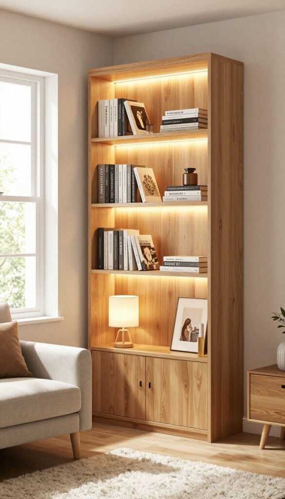 Well-lit bookcase with hidden LED strips and a table lamp in a cozy living room