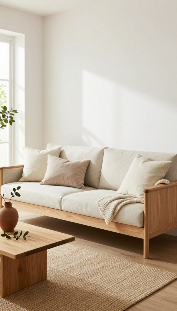 Slim-arm oak sofa with light beige upholstery in a small modern living room, warm and cozy atmosphere