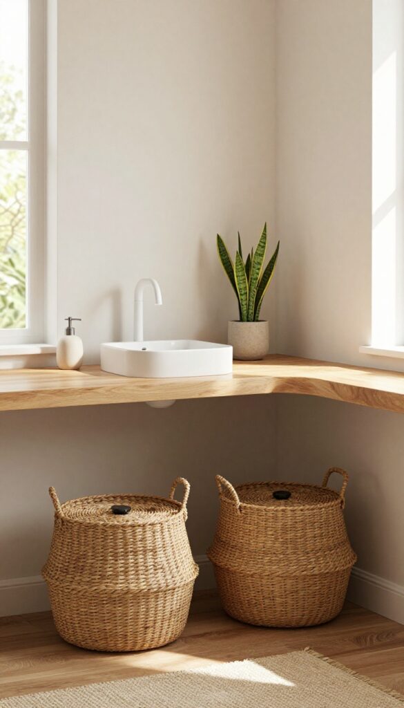 Wall-to-wall counter with under-counter baskets in a living room corner