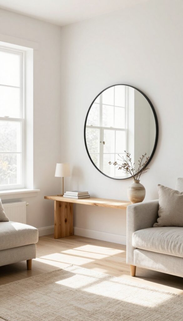 A large round mirror leaning against a wall in a bright modern living room, reflecting light from a window and styled with a console table, books, and a vase.