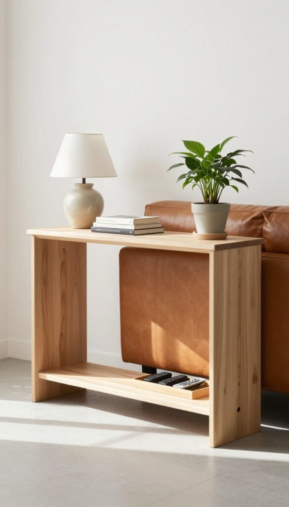 Slim console table behind a cognac leather couch in a small living room, styled with lamp, books, and tray.