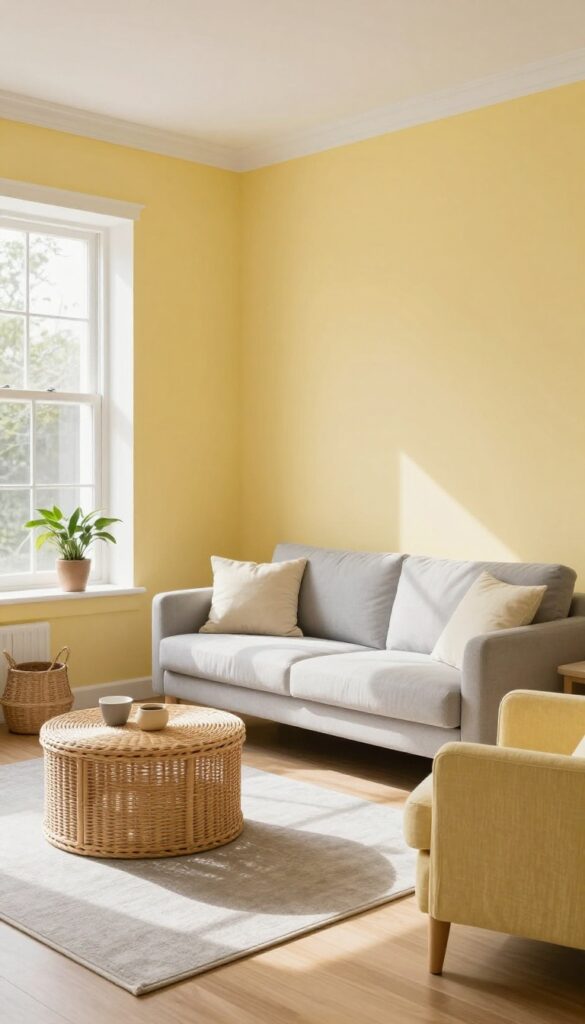 Small living room with butter yellow accent wall and light gray furniture, bright natural light, cozy and airy feel.
