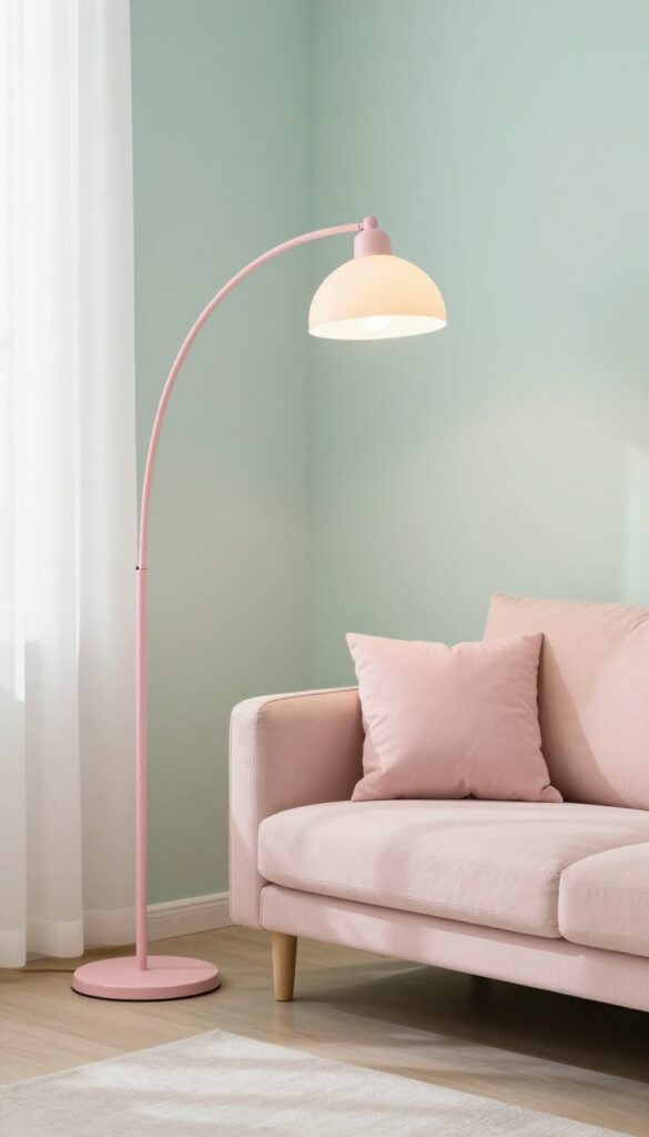 Small living room with a pastel pink arc floor lamp casting warm light over a cozy sofa
