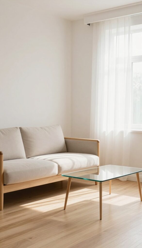 Minimalist living room with slim-legged furniture, light oak sofa, glass coffee table, bright natural light, open and airy feel.