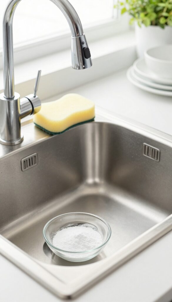 Clean shiny kitchen sink with faucet and baking soda