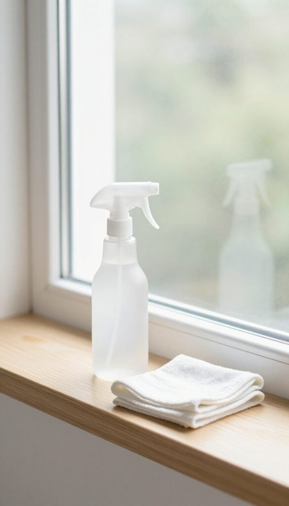 Streak-free window cleaned with vinegar solution, spray bottle and microfiber cloth on windowsill