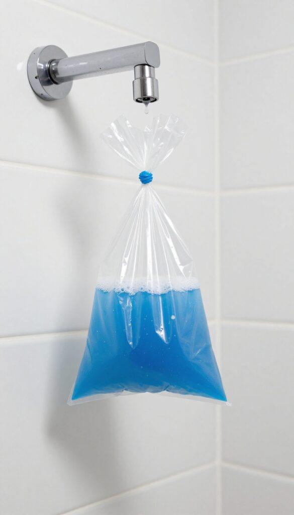 Shower head with a plastic bag filled with Dawn and vinegar solution tied around it, demonstrating a cleaning hack for mineral deposits.