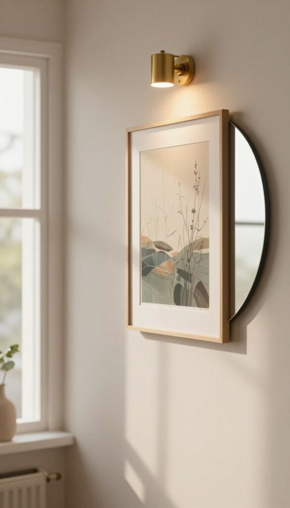 Plug-in picture light illuminating artwork and mirror in a small living room