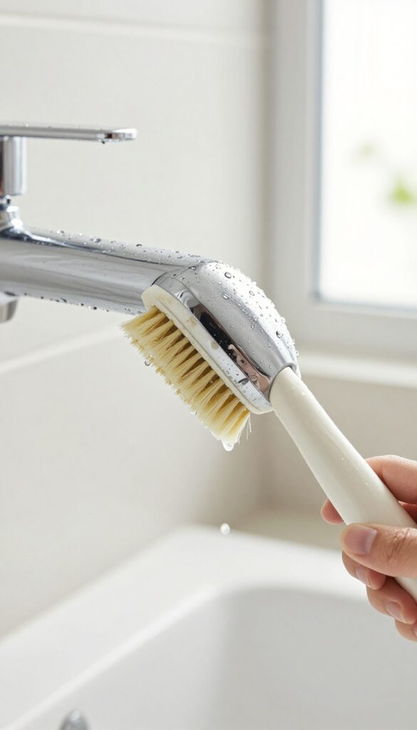 Close-up of scrubbing a chrome shower head with an old toothbrush to remove mineral buildup