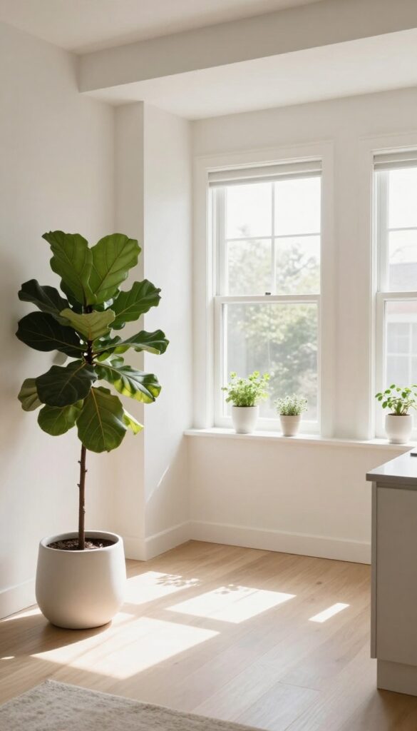 Open-plan living room and kitchen with matching white ceramic plant pots and greenery, tall fiddle leaf fig in corner, herbs on windowsill, natural light, clean and airy.