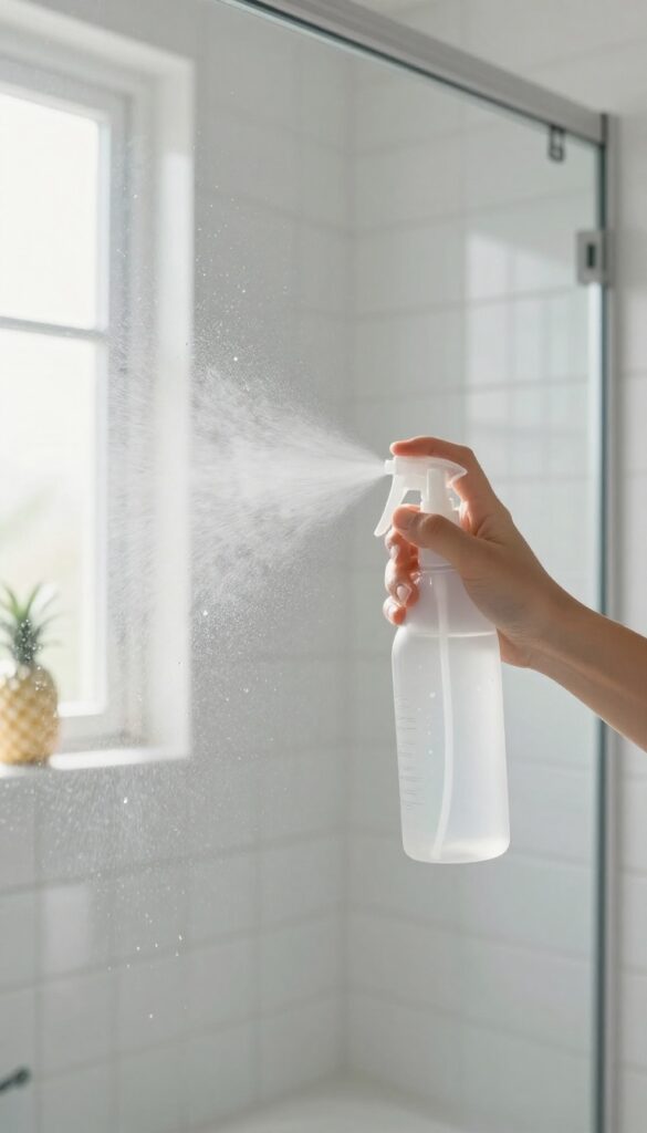 Hand spraying a homemade cleaner on glass shower door in bright bathroom