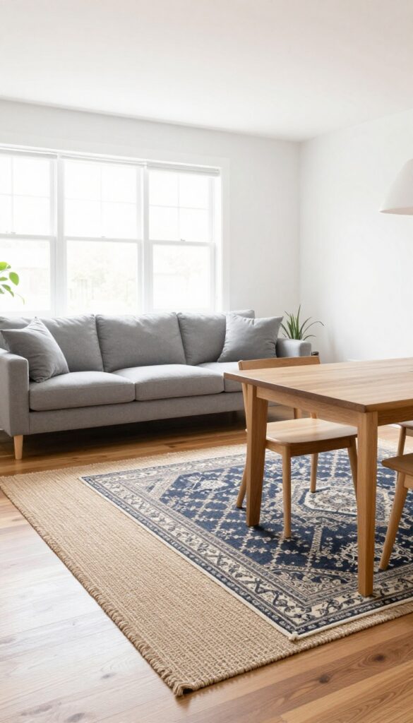 Open-plan living room with rug layering defining separate seating and dining zones