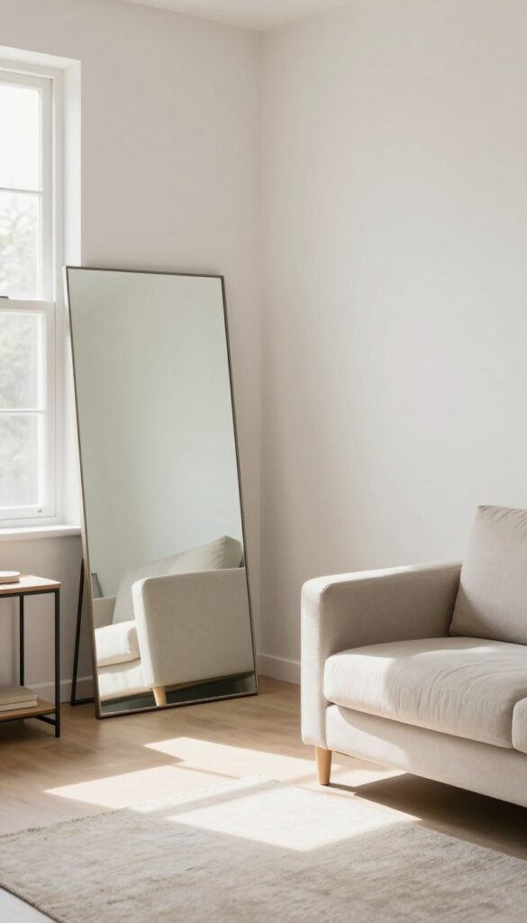 Large floor mirror leaning against wall in small living room, reflecting window and light