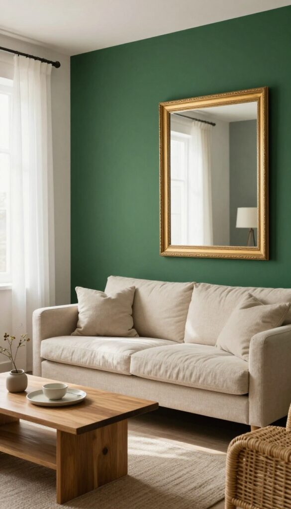 Living room with a deep green accent wall, beige sofa, wooden coffee table, rattan chair, and gold-framed mirror