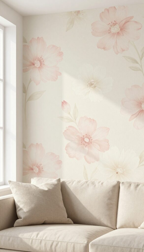 Peel-and-stick floral accent wall behind a beige sofa in a bright living room