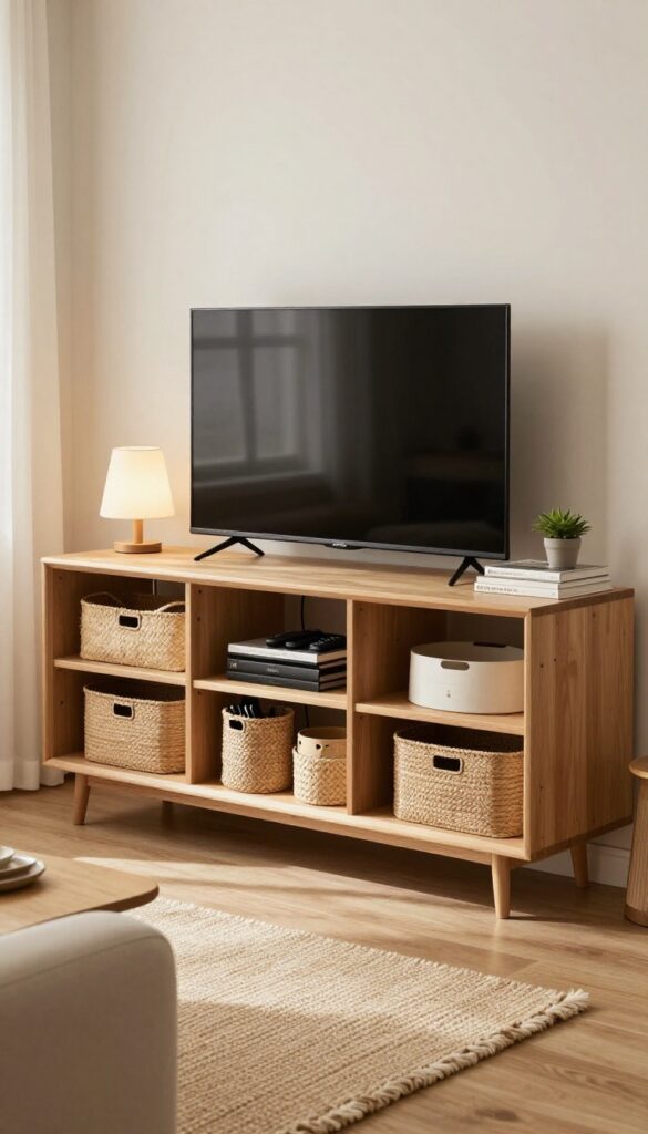 Ikea MALM dresser used as a media console with baskets in a cozy living room