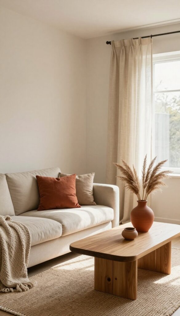 Small living room with cream walls, sand linen curtains, beige sofa, terracotta cushion, jute rug, and terracotta vase on coffee table.