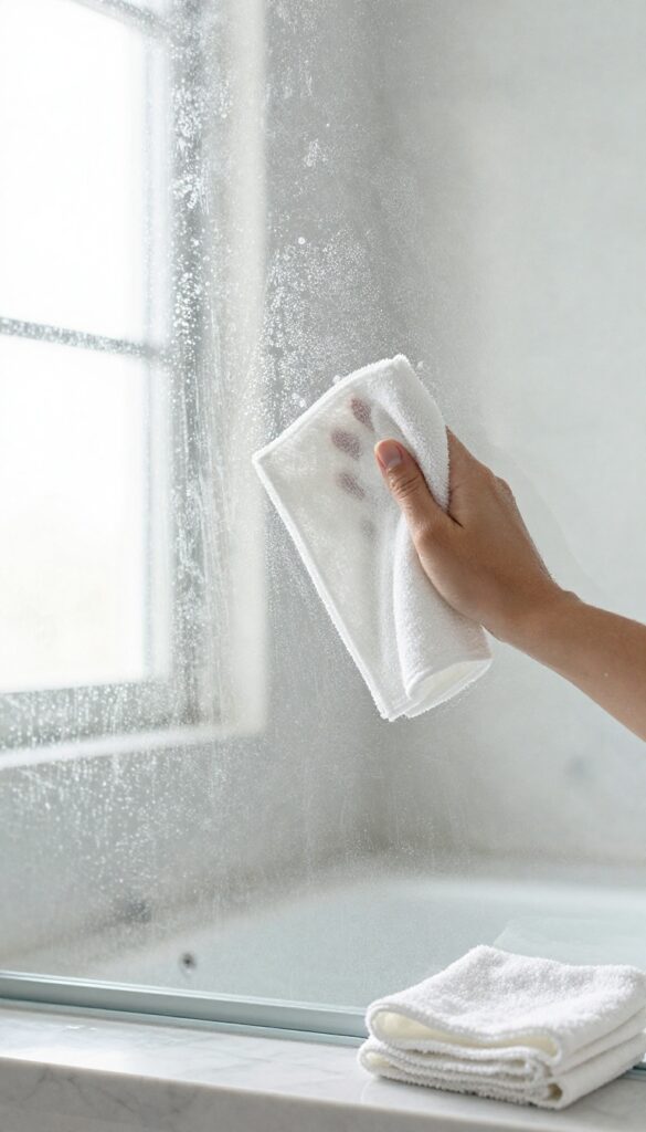 Close-up of a hand wiping a shower glass door with a used dryer sheet, revealing a streak-free shine