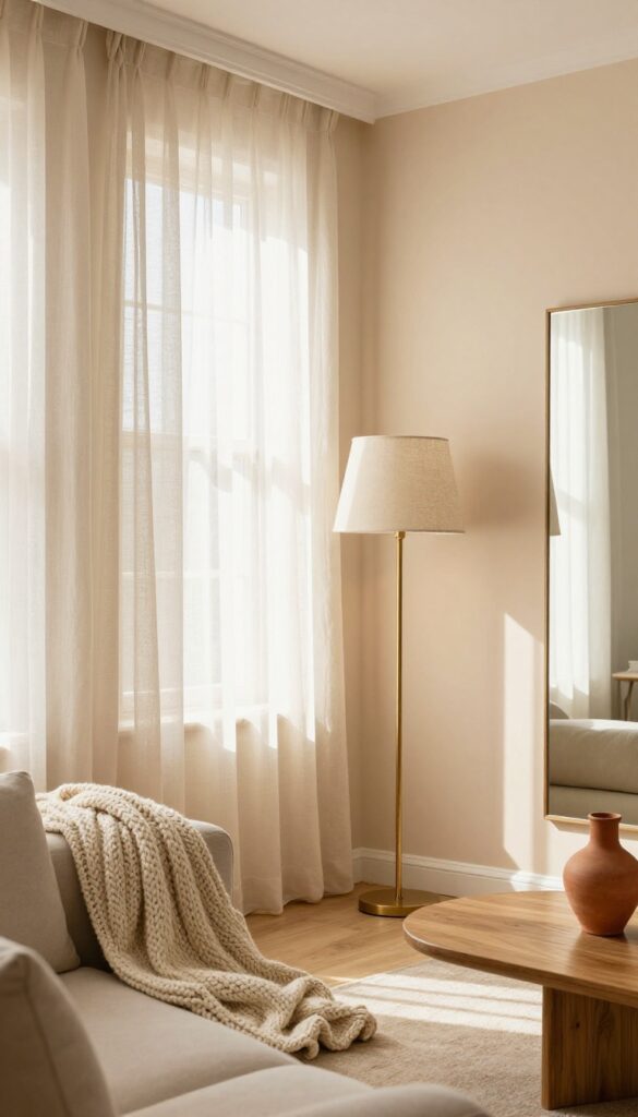 Warm beige living room with rosy undertone, brass lamp, linen curtains, and cozy decor