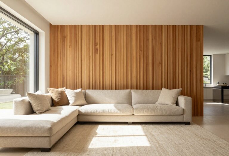 Modern living room with warm wood slat accent wall and cozy furniture
