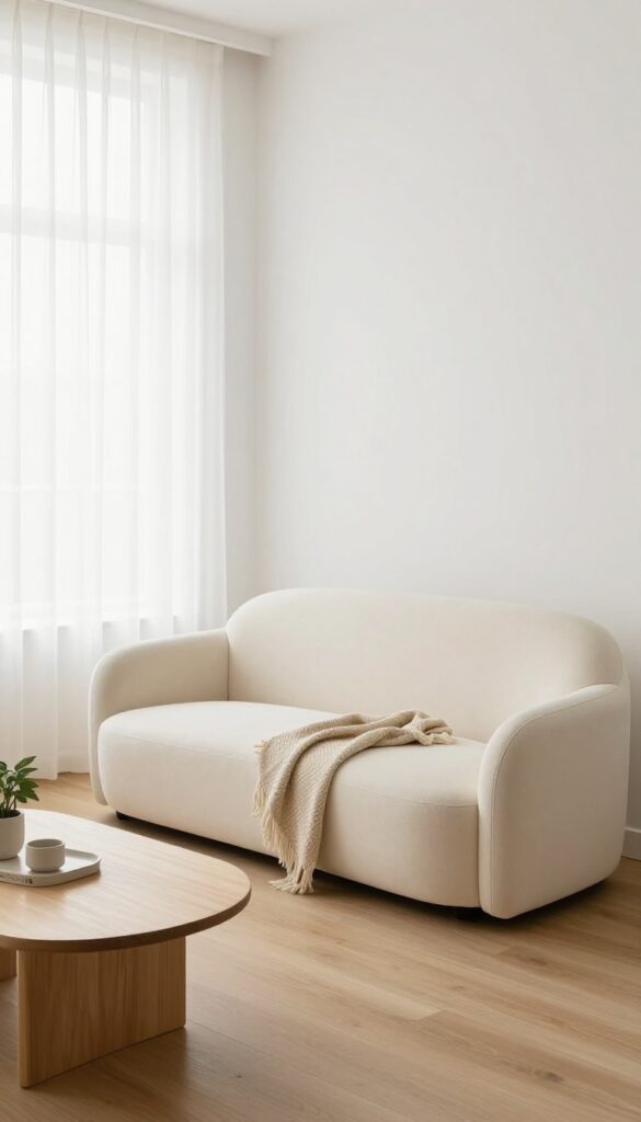 Light and airy living room with a curved cream bouclé sofa, round coffee table, and sheer curtains