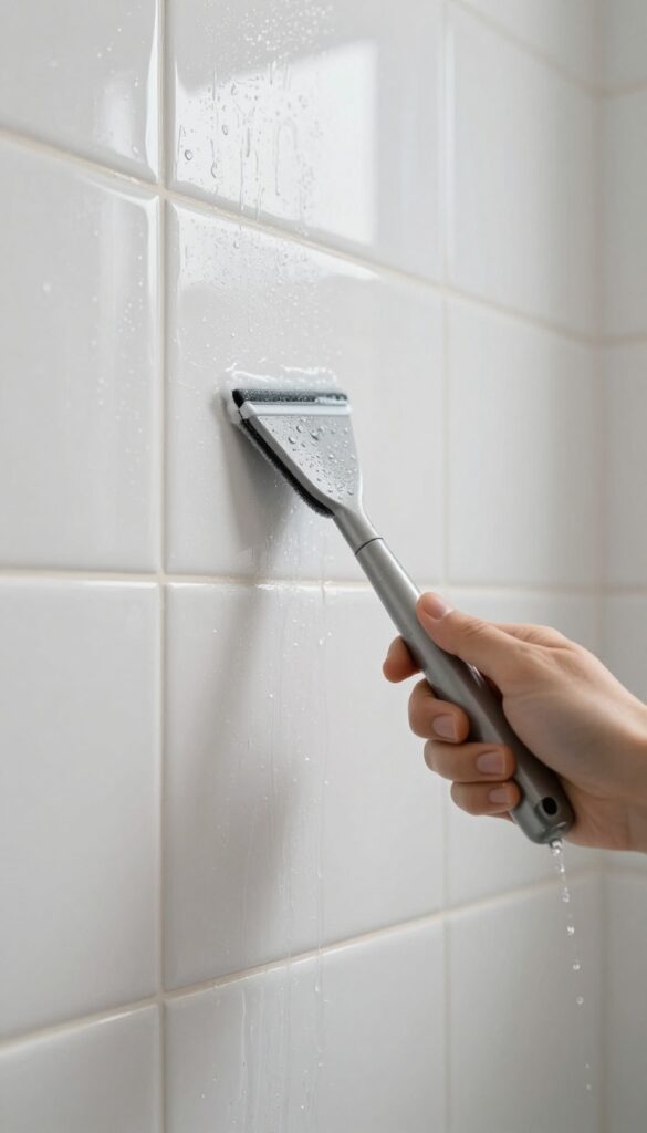 Hand using a squeegee to wipe water off bathroom tiles after a shower, leaving a streak-free shine.