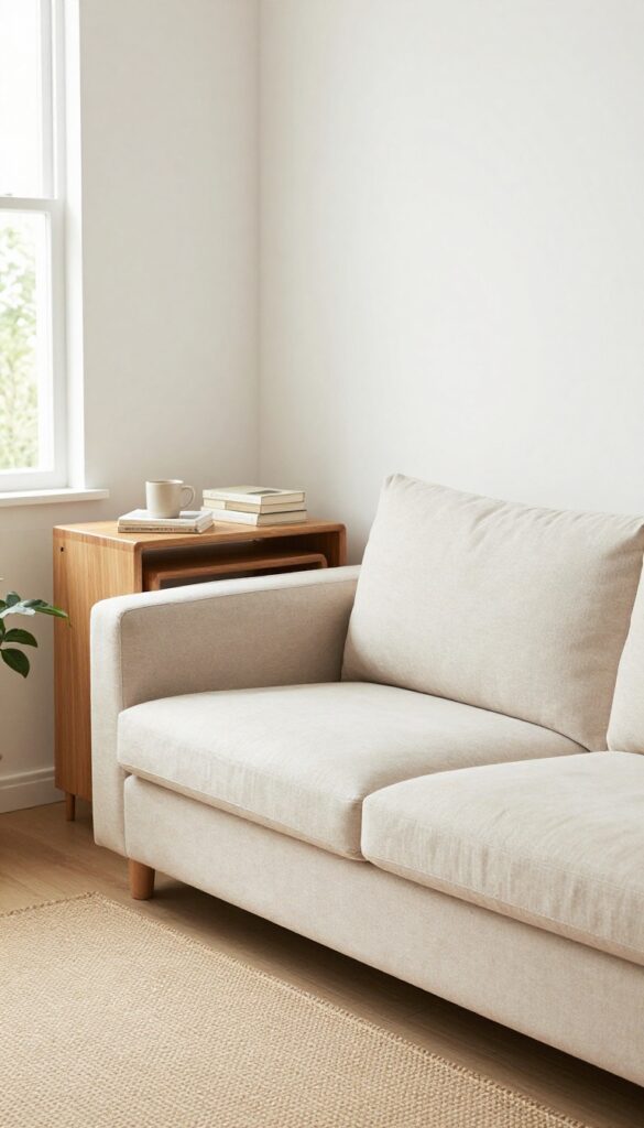 Nesting tables beside a small sofa in a bright living room