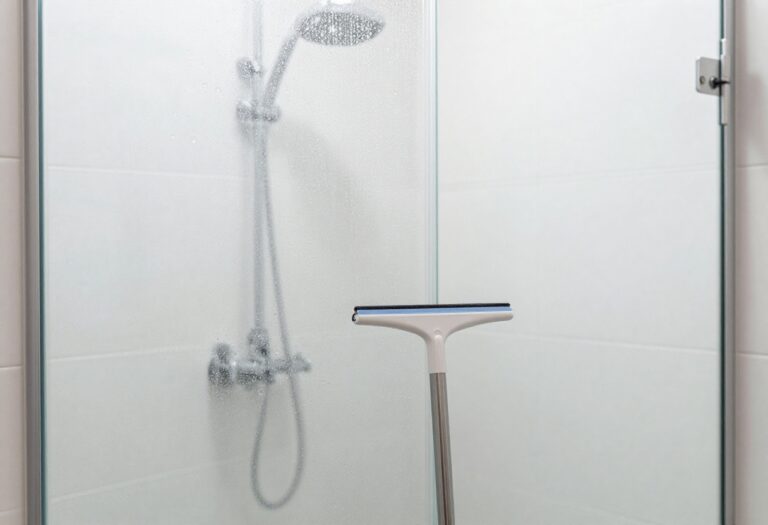 Clean glass shower door with squeegee