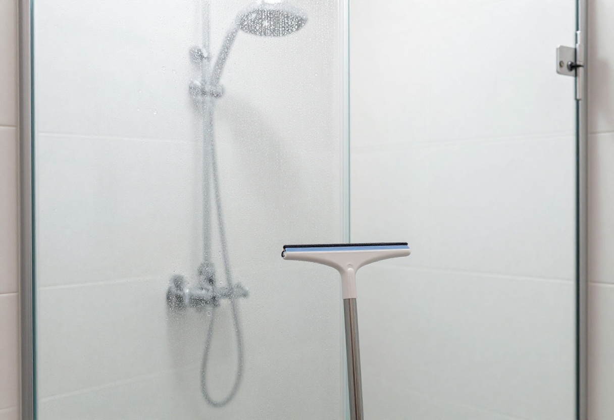 Clean glass shower door with squeegee