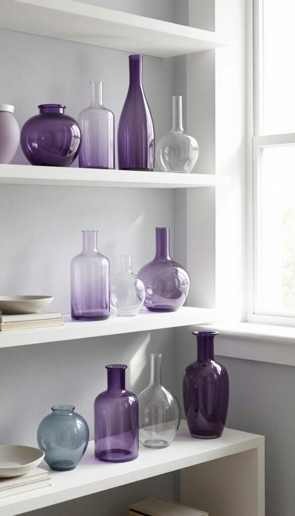 Open shelves with purple glass vases and candle holders catching sunlight in a bright living room