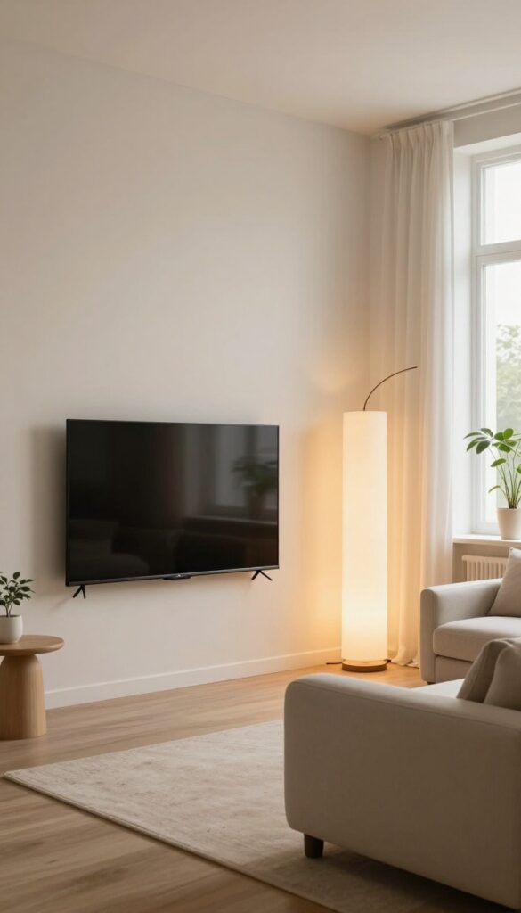 Cozy living room corner with TV, armchair, and arc floor lamp casting warm ambient light