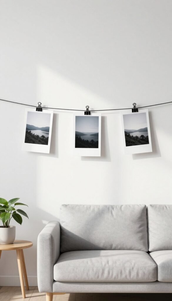 Minimalist living room photo display with wire and clips on a white wall above a gray sofa