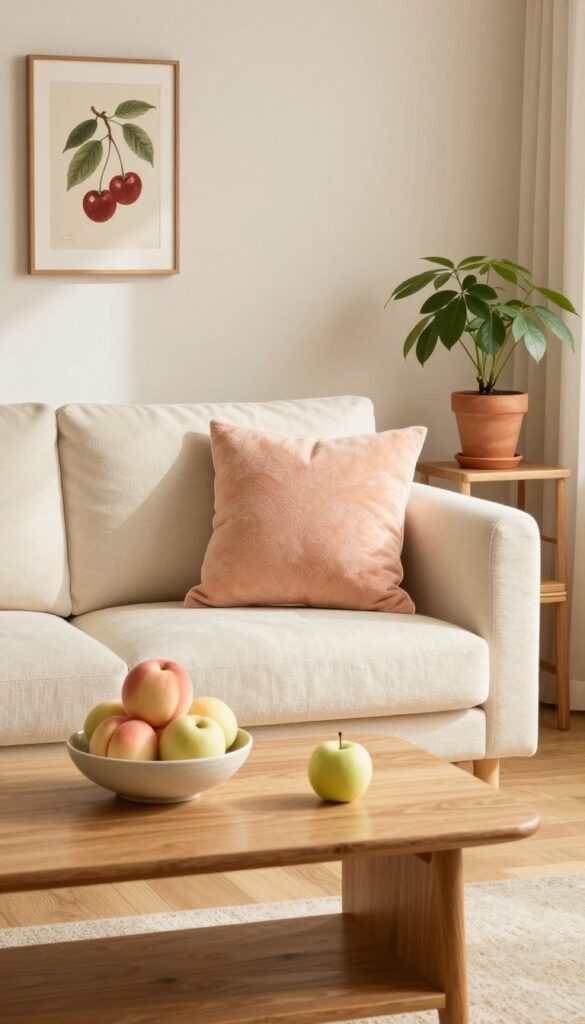 Cozy living room with fruit-themed decor including ceramic fruit bowl, peach pillow, and botanical cherry print.