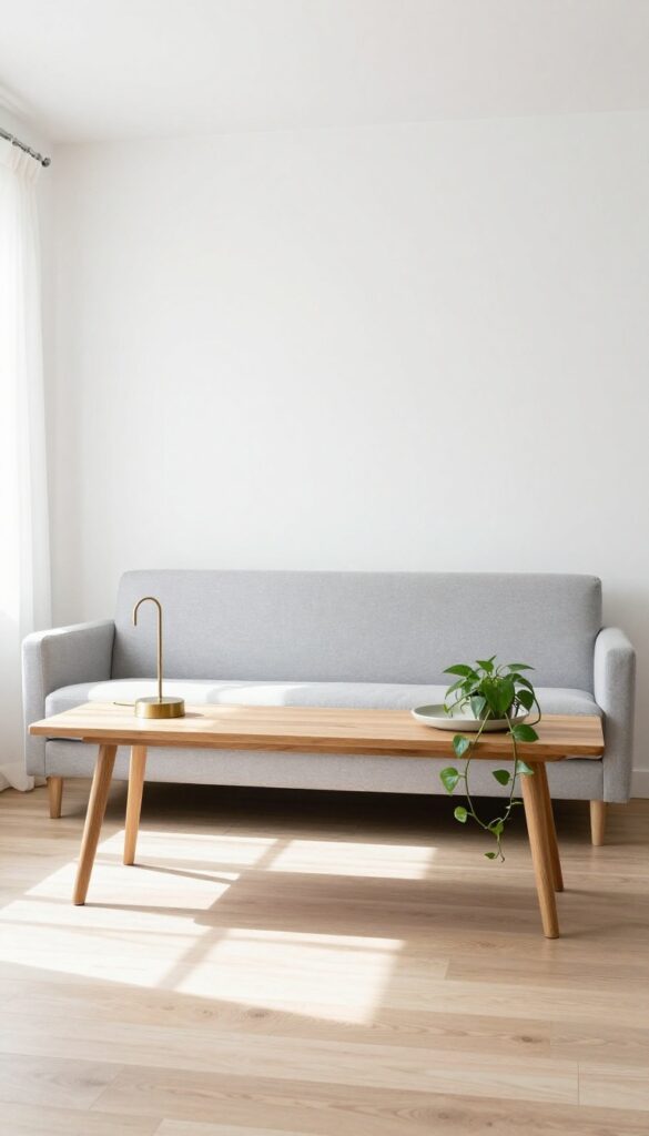 Narrow living room with a long low console table behind a sofa, creating a clear walkway with a lamp and trailing plant.
