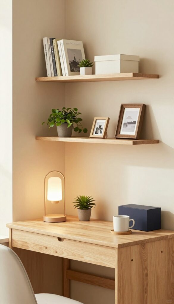 Cozy corner desk nook with floating shelves in a warm, lived-in living room