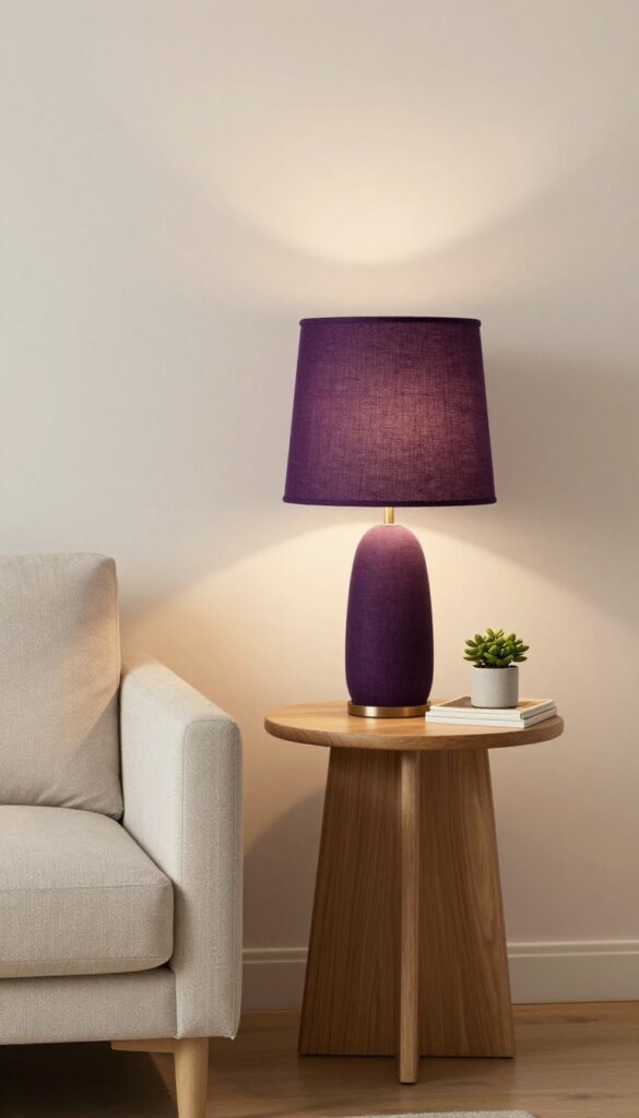 A living room with a neutral sofa and a side table holding a purple lampshade lamp, casting a warm glow.