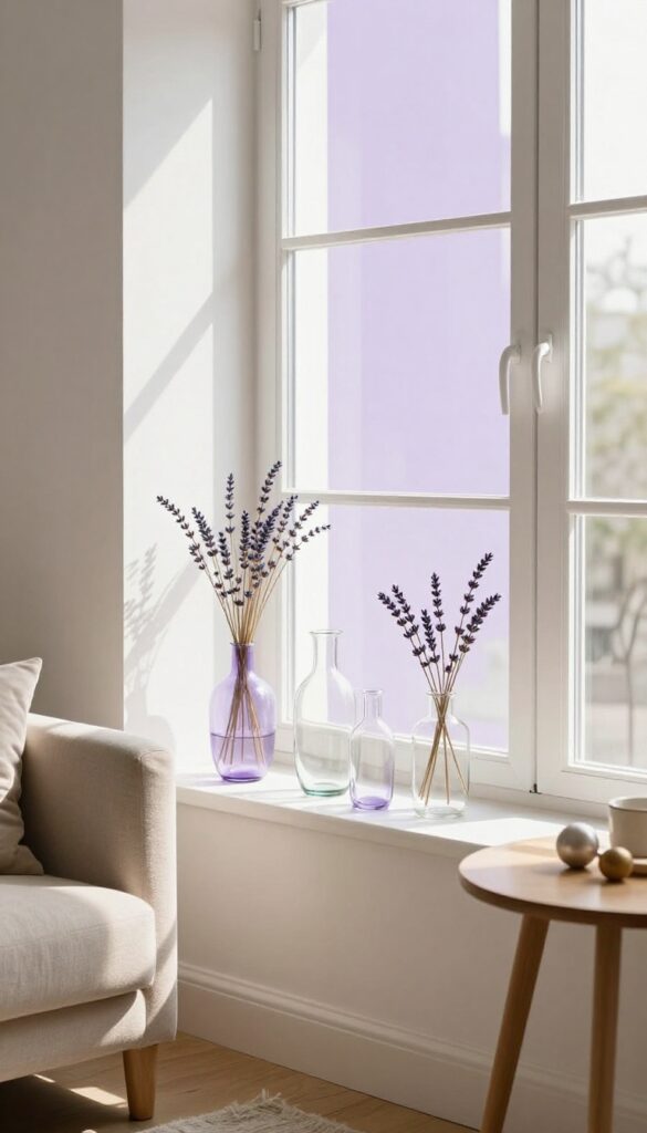 Sunlit living room windowsill with purple-tinted glass vases casting soft violet reflections, neutral decor, cozy atmosphere.