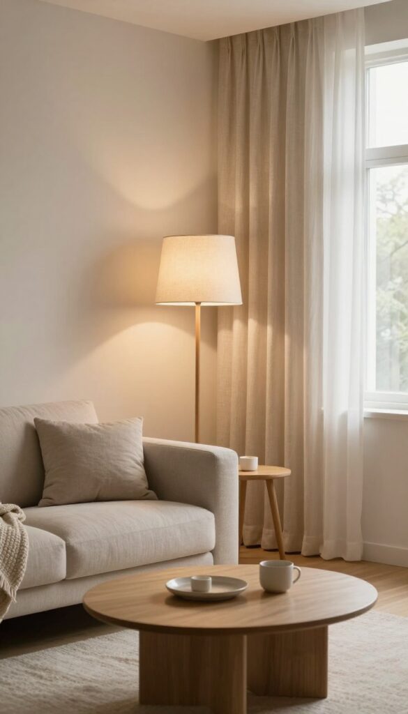 Modern neutral living room with layered lighting at different heights including floor lamp, table lamp, and pendant light