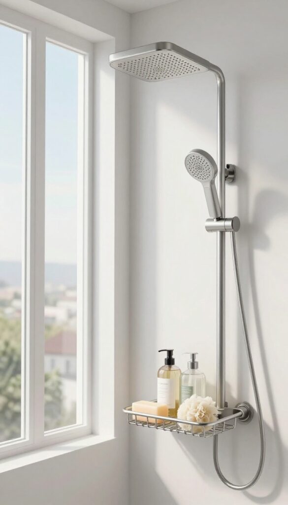 Shower caddy with drainage holes hanging in a clean, bright bathroom